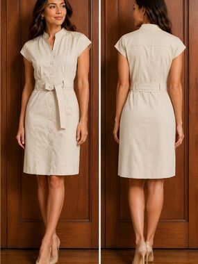 Calvin Klein Beige Belted Shirt Dress | Cap Sleeve Career Chic | Size 4